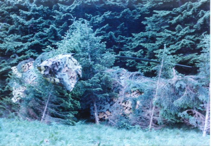 Takoj po pristanku Gazele so jo delavci Golt ter pilot Kalan in tehnik Šuštar dobro zamaskirali - 28. junij 1991 (Foto: Franc Kačičnik)